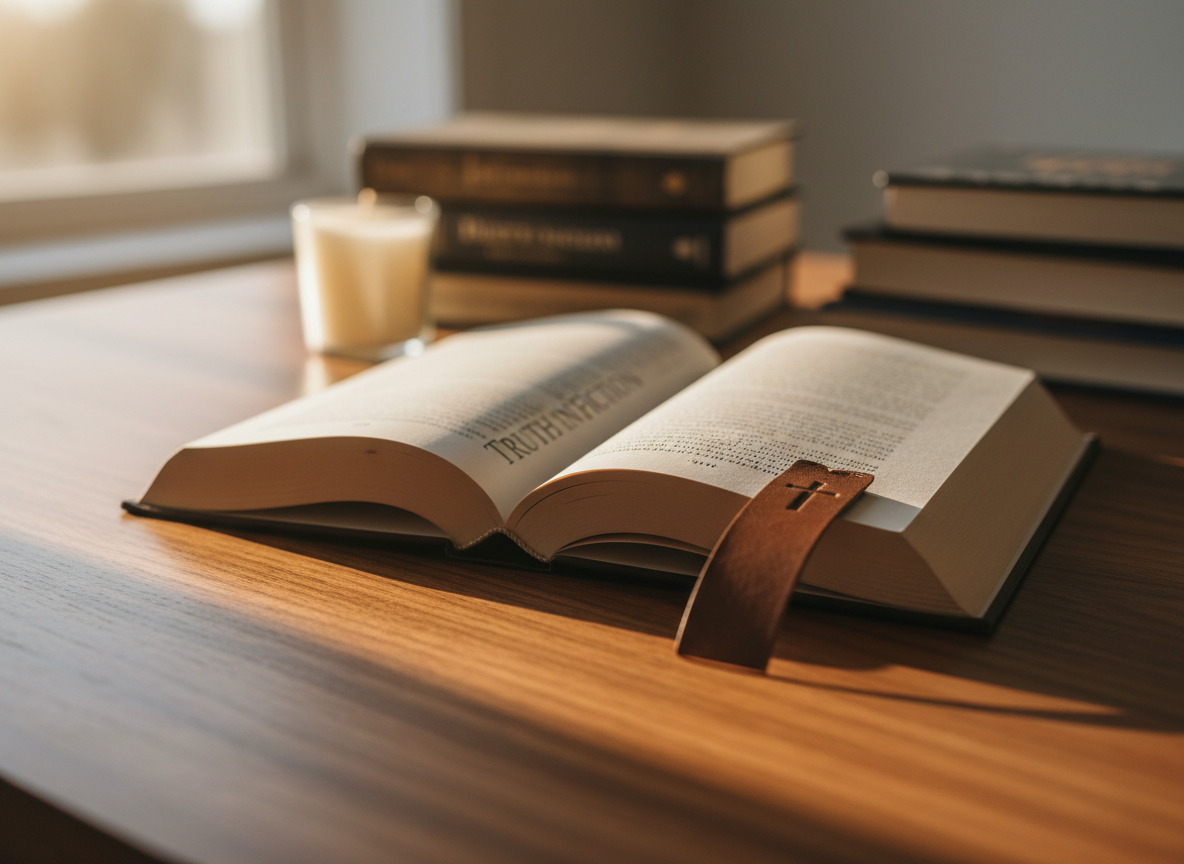 A close-up, photographic image of a single Truth in Fiction book lying open on a finely grained walnut table, its cream-colored pages forming a gentle curve at the spine, edges softly textured. A simple leather bookmark embossed with a tiny, unobtrusive cross peeks from between the pages, hinting at the Christian heart of the story. In the softly blurred background, additional books and a small, unlit candle sit on the table, suggesting quiet evening reading. Warm, golden hour light spills across the pages from the left, casting delicate shadows on the text area (left intentionally unreadable). The camera is positioned low and close, with a shallow depth of field and a refined, intimate, and reverent mood.