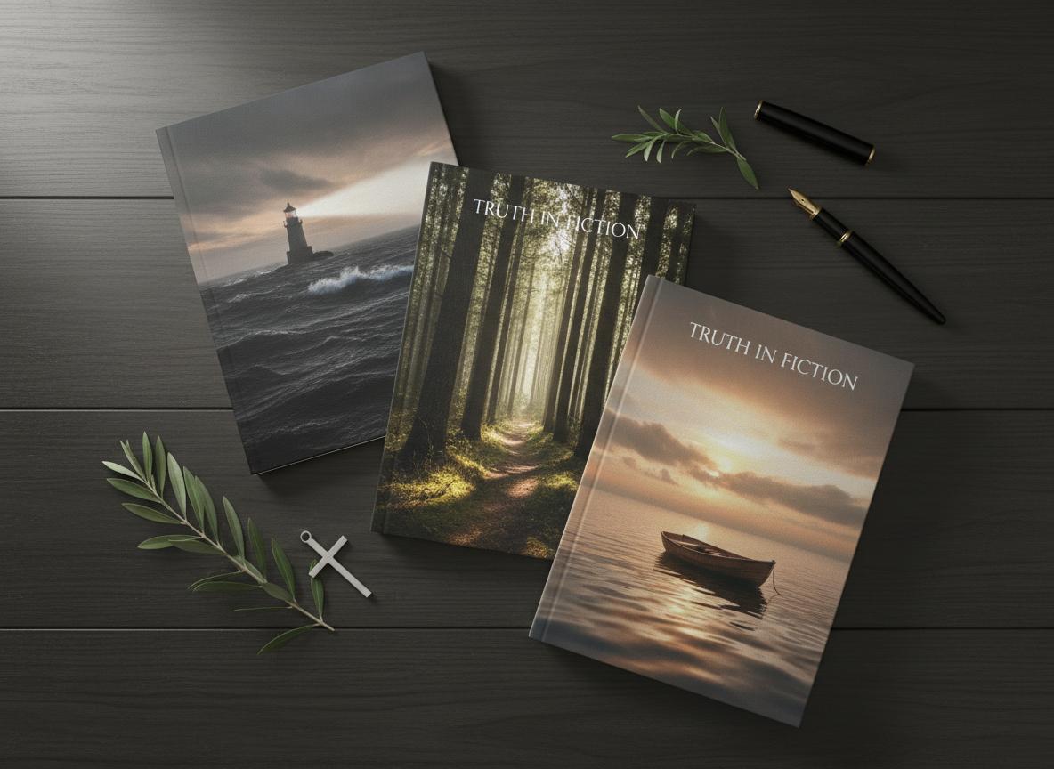 A sophisticated flat-lay composition on a dark, matte wooden surface featuring three distinct book covers from the Truth in Fiction collection, arranged in a gentle diagonal. Each cover uses symbolic, non-figurative imagery—like a distant lighthouse, a sunlit path through trees, and a small boat on calm water—hinting at hope, redemption, and guidance without any visible text. Around the books are modest props: a simple metal cross charm, a sprig of olive leaves, and a classic fountain pen. Soft studio lighting from above and slightly to one side creates smooth, controlled highlights and subtle shadows, emphasizing the textures of the covers and wood. Photographic realism with a crisp, modern aesthetic, ideal for showcasing a Christian fiction portfolio.