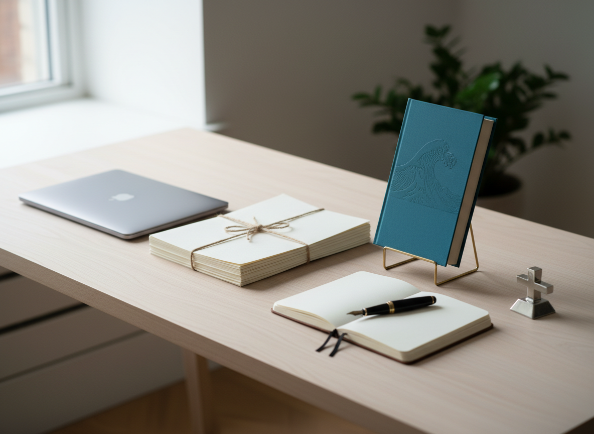 A minimalist writer’s desk made of pale, matte-finished wood, carefully arranged with a closed laptop, a neat stack of draft manuscripts bound with a simple twine, and a single featured novel from the Truth in Fiction line standing upright on a slim stand, its cover design tasteful and text-free. Beside it, a small open notebook reveals blank pages, with a fountain pen resting diagonally across. A subtle metal cross-shaped paperweight sits near the corner, suggesting Christian inspiration and writing philosophy. Soft, diffused overcast light from a large nearby window creates an even, gentle illumination with delicate shadows. Photographic realism, shot from a slightly elevated, three-quarter angle, conveying order, contemplation, and professional sophistication.