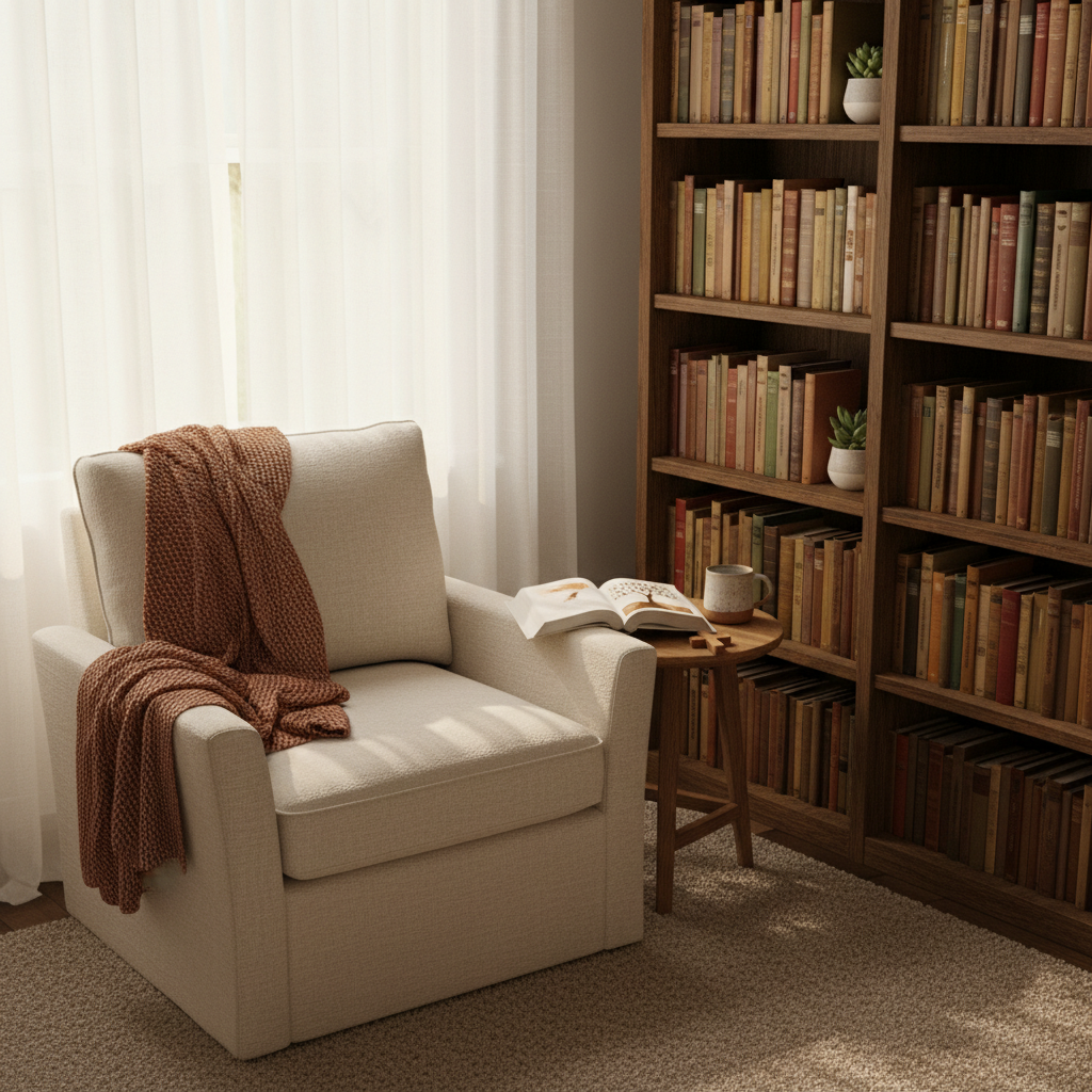 An inviting reading nook featuring an overstuffed, textural linen armchair beside a slender floor-to-ceiling bookshelf filled with neat rows of wholesome fiction books, their covers rich in warm, earthy colors without visible text. A small side table holds a single open novel from the Truth in Fiction collection, pages slightly curved, with a simple ceramic mug and a modest wooden cross ornament nearby. Late afternoon light filters through sheer curtains, casting soft streaks across the chair and book pages. Photographic realism, captured from a slightly elevated angle using the rule of thirds, with a calm, sophisticated atmosphere that reflects a thoughtful Christian writer’s space.