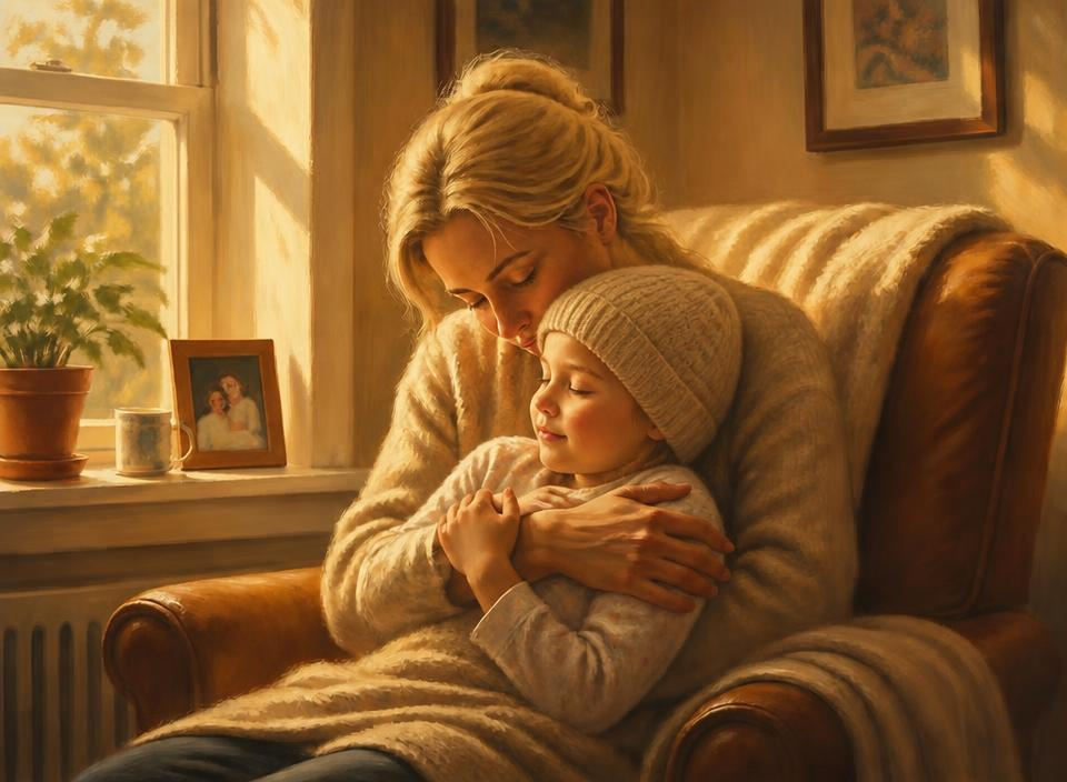 A tender scene of a young girl with a chemo cap, held by her loving mother whose face shows concern. Warm golden light.